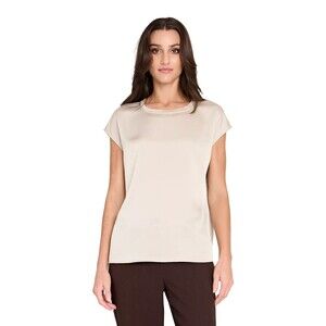 Tahari ASL Women's Fringe Trim Neck Satin Crewneck Top Blouse vanilla White L